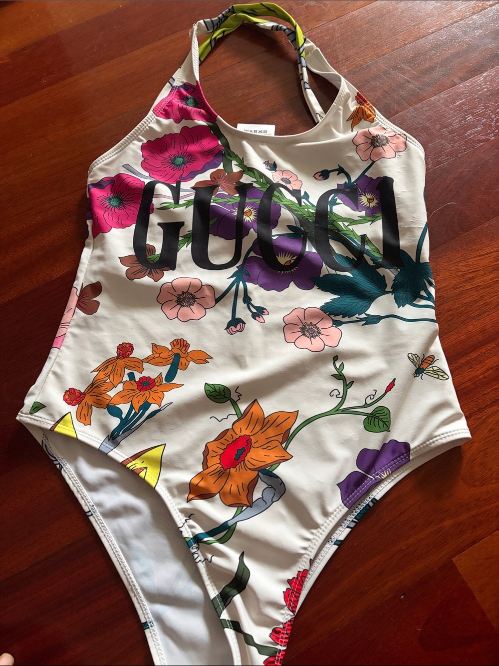 Gucci White Floral Logo Halter Kids One-Piece Swimsuit